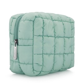 JINSI Travel Makeup Bag Quilted Cosmetic Organizer Case Zipper Toiletry Bag for Women, Compact Purse Storage Pouch (Checkered Green)