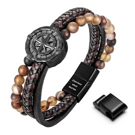 murtoo Mens Bracelet, Leather and Steel, Multi-layer Leather Bracelet for Men with Compass, Gift Idea for Boyfriend Husband Father