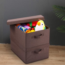 HOONEX Linen Foldable Storage Bins with Lids, 2 Pack, Storage Boxes with Carrying Handles and Sturdy Heavy Cardboard, 16.5" L x 11.8" W x 7.5" H for Shoes, Clothes, Brown