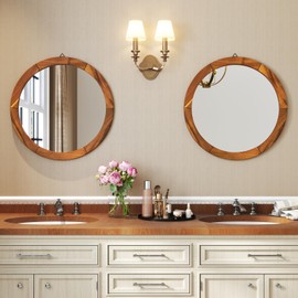 CHARMAID Farmhouse Wall Mirror - 27" Round Mirror with Solid Acacia Wood Frame, Rustic Wooden Vanity Mirror for Living Room, Bathroom, Bedroom, Entryway Wall Decor