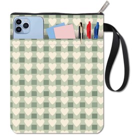 craspire Heart Book Covers Green Checked Book Cover Book Protector for Paperbacks Washable Book Cover Made of Fabric with Zip and Additional Case Pocket for Book Lovers Gifts