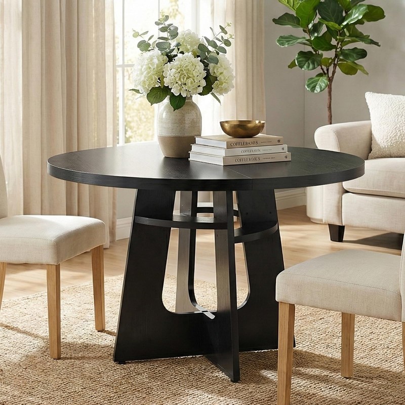 HELLYMOON 47" Round Dining Table for 4-6 Black, Farmhouse Wood