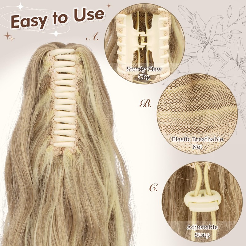 FESHFEN Wavy Ponytail Hairpiece with Clip, 50 cm Ponytail Braid