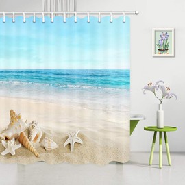 JAWO Starfish Beach Theme Shower Curtain Fabric, Tropical Sea Waves Seashell Conch Hawaiian Seaside Scene, Ocean View Cloth Shower Curtains No Smell with 12 Rustproof Grommet Holes, 69x70 Inches