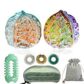 Baoding Balls Hand Massage Set, 1.7in Chinese Healthy Massage Balls Crystal Balls, Spiky Sensory Finger Ring for Hands Therapy, Exercise, and Stress Relief