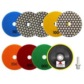 VENJELD Diamond Dry Polishing Pads 100mm 8pcs Polishing Kit Grit 50x3/100x2/200/400/800 and M14 Thread Plastic Backer and Adapter for Granite Marble Artificial Stone Quartz for Angle Grinder