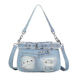 YeFine Y2K Jean Bags Denim Purse with Rhinestones Crossbody Shoulder Bag Bling Grunge Small Jean Purses for Women Aesthetic Handbags (Skirt Shape Light Blue)