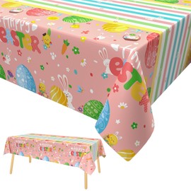 Xinvery Happy Easter Tablecloth, Pink Easter Party Tablecloth, Bunny Egg Tablecloth, Plastic, Wipe Clean Tablecloth, Easter Table Decoration, Party Decoration, 137 x 274 cm