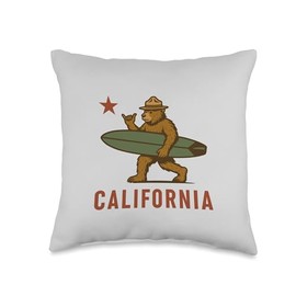 CALIFORNIA BEAR WITH SURF BOARD - SHAKA SIGN Throw Pillow