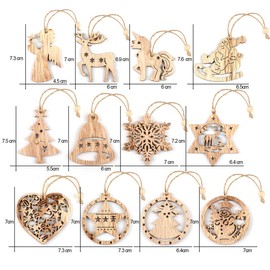 ilauke 12Pcs Mixed Predrilled Wooden Shapes Embellishments (Santa Claus, Unicorn, Snowflake, Angel, Heart) in Wooden Storage Box for Party Christmas Crafts Decorations