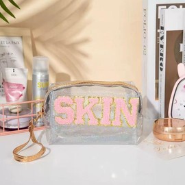 L'Aura Précieuse Laser pvc transparent makeup bag for women to carry embroidered letters in a waterproof toiletry bag - Color: Skin