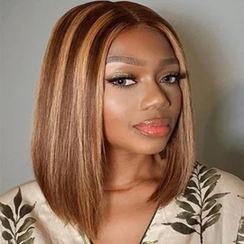 Mysyty Bob Wigs Human Hair 13x4 HD Lace Front Wig Highlight 4/27 Straight Bob Wig Pre Plucked With Baby Hair 4/27 Honey Blonde Bob Wig For Women 14 Inch 180% Density