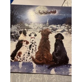 Vtg Unused Christmas Card Heavy Glitter Dogs Santa Moon Aussie Dalmatian W/Env