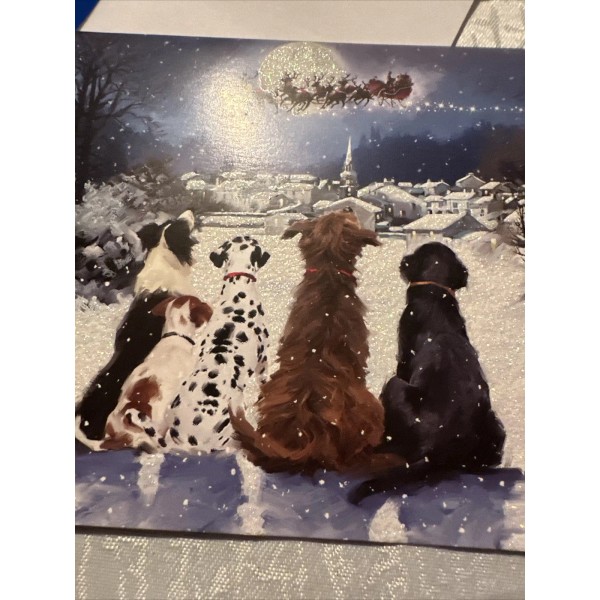 Vtg Unused Christmas Card Heavy Glitter Dogs Santa Moon Aussie