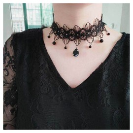 Inilbran Boho Flower Lace Choker Necklace Vintage Teardrop Crystal Clavicle Necklace Gothic Lace Necklace Black Water Drop CZ Pendant Necklace Choker Jewellery for Women (Style A)