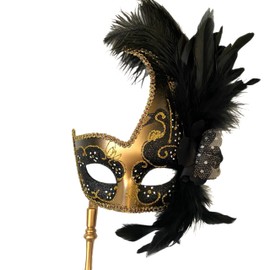 MasqStudio Brocade Lace Masquerade Ball Mask Burlesque Mardi Gras Birthday Prom Wedding Party (BKG Stick)