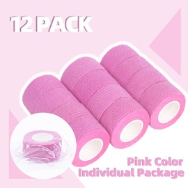 12-Pack Self Adhesive Bandage Wrap 1Inch x 5 Yards, Elastic Athletic Tape, Tattoo Grip Tape, Non Woven Medical Tape for First Aid, Sports, Wrist, Ankle, Vet Wrap for Pets (Pink)
