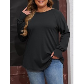 Women's Plus Size Long Sleeve Tunic Top Crew Neck Summer Oversized Fit Basic T Shirts Blouse Black