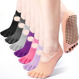 SATINIOR 7 Pairs Yoga Toe Socks with Grip Women Non Slip Sticky Full Toe Socks for Pilates, Ballet, Dance, Barefoot (Multi Colors)