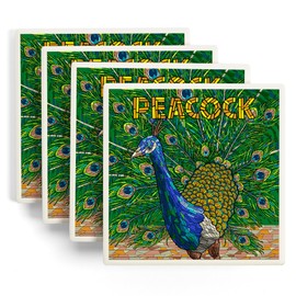 Peacock, Mosaic Series (Absorbent Ceramic Coasters Set of 4 Matching Images, Cork Back, Kitchen Table Decor)