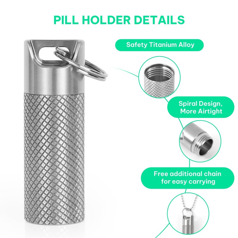 TISKY Mini Pill Box Container (2Pack), Portable Titanium Waterproof Keychain