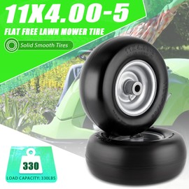 11x4.00-5 Lawn Mower Tires Flat Free Tire and Wheel 2 Pack Universal Fit 11x4-5 Flat Free Tire with Rim, 3.4"-4"-4.5"-5" Centered Hub, 3/4" or 5/8" or 1/2"Bushings
