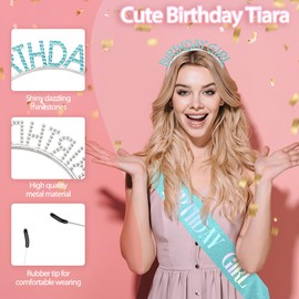 Birthday Sash Birthday Crown for Women, Birthday Girl Sash, Birthday Girl Crown, Glitter Light Blue Birthday Sash and Crown Rhinestone Headband Set, Happy Birthday Girl Princess Tiara Sash Accessories