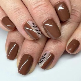 Press on Nails Short Square Brown Fake Nails with Glitter Leaves False Nails MABKJLF Full Cover Glossy Glue on Nails Solid Colour Acrylic Nails Artificial Nails for Women Girls 24 Pcs