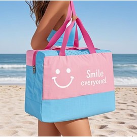 Large Foldable Travel Duffel Bag，Waterproof beach storage bag, pink and blue double compartment handbag with a smiling design, suitable for outdoor travel, swimming (Red beach bag)
