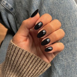 Black Press on Nails Short Oval Round Nails Glue on, SXVME Fall Winter Short Fake Nails Press ons, Acrylic False Nails Handmade of Gel, Best Thick Short Almond Nails for Big & Petite Fingers, 24Pcs