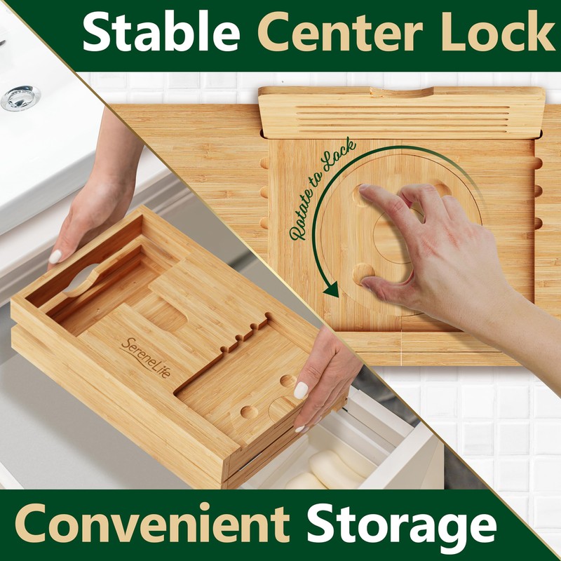 SereneLife Bamboo Bath Caddy with Fold and Lock Design -
