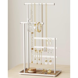 susswiff Jewelry Holder Organizer Stand - Adjustable Tall 17.5" (Max), Sturdy Jewelry Hanger for Necklaces, Earrings, Bracelets, Rings, Jewlery Display and Storage, White, Metal