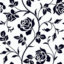 VaryStyle Black and White Floral Wallpaper Elegant Rose Branches Floral Peel and Stick Wallpaper Vintage Roses Wall Paper Self Adhesive Black White Contact Paper for Cabinets Walls Bedroom 17.7"x118"