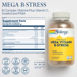 SOLARAY Mega Vitamin B-Stress - Timed Release Vitamin B Complex w/Vitamin B12, B6, Folic Acid, VIT. C - Stress, Energy, Red Blood Cell, Immune Support - Vegan, 60-Day Guarantee (240 CT)
