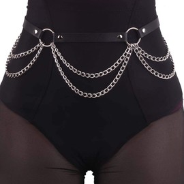 Crazy Bean Punk Chain Belt Waist Body Chain Belt Black Leather Waist Chain Belt Adjustable Waist Belt for Rock Rave Women Girls, Leather, Not applicable