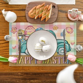 Artoid Mode Buffalo Plaid Egg Truck Daisy Carrot Happy Easter Placemats Set of 4, 12x18 Inch Seasonal Table Mats for Party Kitchen Dining Decoration