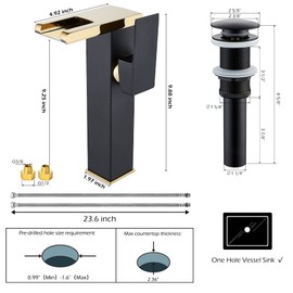 Vessel Sink Faucet Waterfall Gold Black Lavatory Single Hole with Pop Up Drain without Overflow and Supply Lines Bathroom Faucets Bowl Sink One Handle Faucets Bath Tap Lead-Free