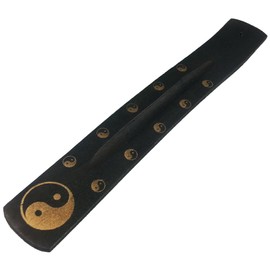 Golden Yin Yang Incense Tray - Black weathered wood with gold Yin Yang motif on a classic incense holder