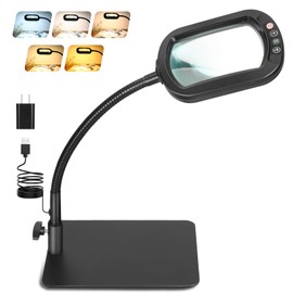 Drdefi 4X Square Magnifying Glass with Light and Stand, 5 Color Modes Stepless Dimmable LED Lighted Desk Lamp, Flexible Gooseneck Hands Free Magnifier with Light for Close Work Reading Sewing Crafts