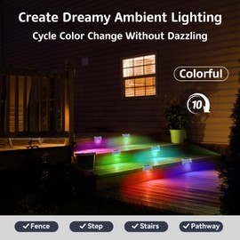 4 Pack RGB Solar Deck Lights Outdoor for Step, Stairs, Railing, Fence, Small Waterproof Color Changing LED for Outside Decor Lighting No Drill Install for Patio, Garden, Pool, Balcony(White Shell)