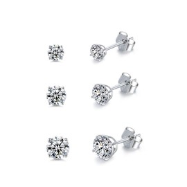 PRETTERY Silver Stud Earrings for Women, 3 Pairs Sterling Silver Cubic Zirconia Stud Earrings Set, White Gold Plated Sleeper Cartilage Studs with Clear 5A Cubic Zirconia, Size 3-5mm