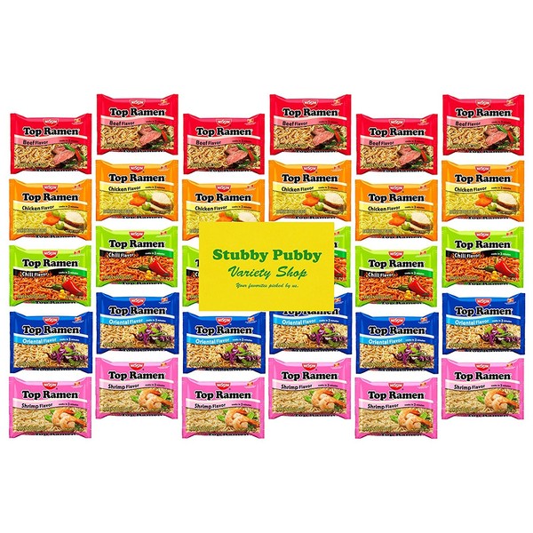 Nissin Top Ramen Instant Noodles - Care Package - Variety Snack Box - Sampler Assortment 5 Flavors (30 Count)