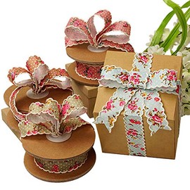 Vintage Floral Shabby Chic Ribbon - 1" x 10 Yards, Mint Green Ribbon with Pink Roses, White Swiss Dots, Scalloped Stitched Edges, Christmas, Hair Bow, Corsage, Wedding, Valentine's Day, Easter