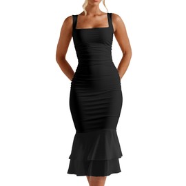 Kaximil Women's Sexy Bodycon Ruched Square Neck Midi Dresses Elegant Sleeveless Ruffle Cocktail Party Dress, Small, Black