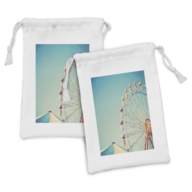 Lunarable Festival Fabric Pouch Set of 2, Photographic Retro Image of Vintage Ferris Wheel and Tent in an Amusement Park, Small Drawstring Bag for Toiletries Masks and Favors, 9" x 6", Multicolor