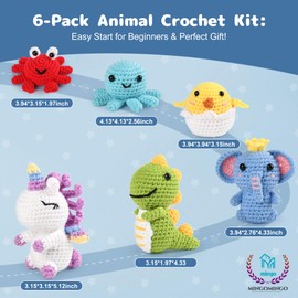 MINGOMINGO Crochet Kit for Beginners with Easy Peasy Yarn, DIY Craft for Adults and Kids, Gift for Crochet Lovers, with Step-by-Step Video Tutorials - 6 Pack Crocheting Plushie Pals Animal (Red)