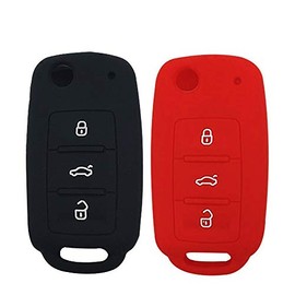 LemSa 2Pcs Rubber Silicone Flip Key Fob Cover Remote Keyless Protector Bag Holder for VW Volkswagen Jetta GTI Passat Golf Tiguan Touareg Beetle, Black+Red