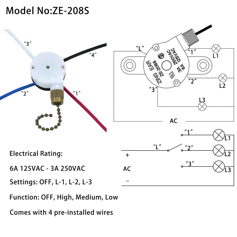 Ceiling Fan Switch Zing Ear ZE-208S E89885 3 Speed 4