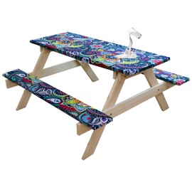 FORCHEER 96x30 Picnic Table Cover with Bench Covers Boho Waterproof Elastic Fitted Outdoor Picnic Table Covers Set For 8ft 3 Pieces Washable