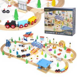 maxim enterprise, inc. 100 Pc Wooden Train Set, Wood Tracks, Bridges, 2 Trains, Helicopter, Buildings, Police Car, More Railway Accessories Compatible with Thomas & Friends, Brio, Other Major Brands